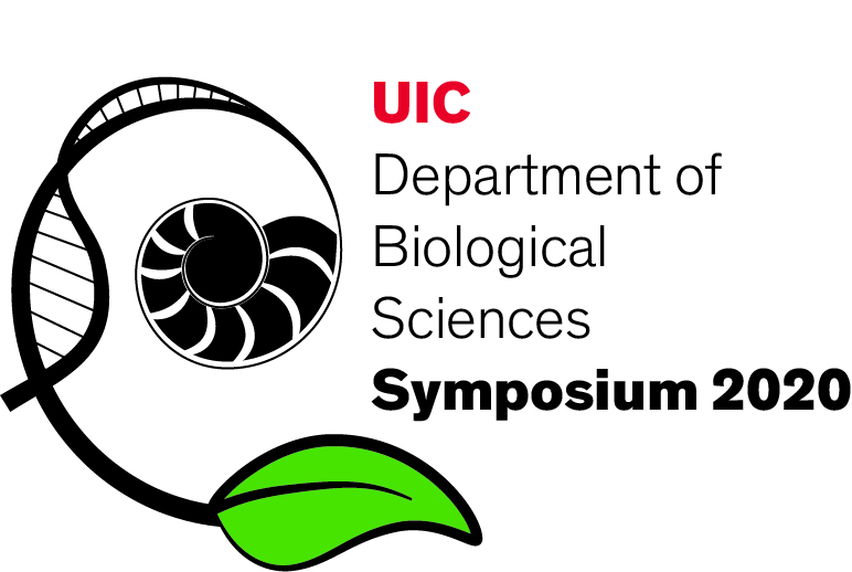 Departmental symposium logo- a shell that turns into a dan strand that turns into a plant, shaped like a spiral