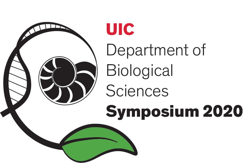 Departmental symposium logo- a shell that turns into a dan strand that turns into a plant, shaped like a spiral